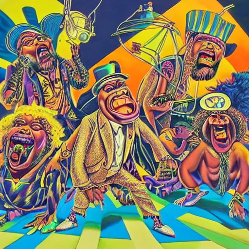 Prompt: beautiful lifelike painting of george clinton performing atomic dog and loopzilla megamix with roger troutman and fatman scoop, hyperreal detailed facial features and uv lighting, art by ed roth and basil wolverton