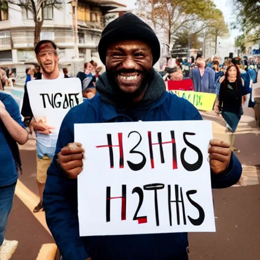 Prompt: photograph of smiling man holding a protest sign saying'2 + 2 = 3 lol 😂 ', high detail, 8 k resolution