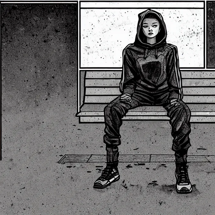 Prompt: sadie sink in a hoodie sits on a bench in a square, pedestrians walk past. background of old soviet monument. storyboard, scifi cyberpunk. by gabriel hardman, joe alves, chris bonura. cinematic atmosphere, detailed and intricate, perfect anatomy