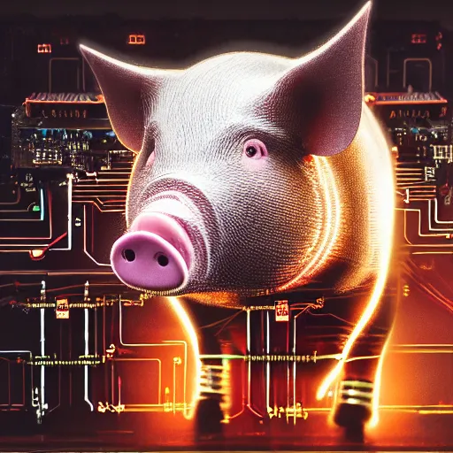 Prompt: a portrait photograph of a big aggressive male cyberpunk pig, circuit boards, motherboard, mainboard, wires, cable management, electrical wires, activity lights, cyberpunk, artstation, detail, hyperrealistic, digital photograph, natural light canon eos c 3 0 0, ƒ 1. 8, 3 5 mm, 8 k