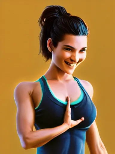 Image similar to a beautiful happy woman doing yoga at the gym. smiling popular girl. intricate, elegant, highly detailed, digital painting, artstation, cinematic shot, concept art, sharp focus, illustration, by justin gerard and artgerm, corrected hands, perfect hands 8 k