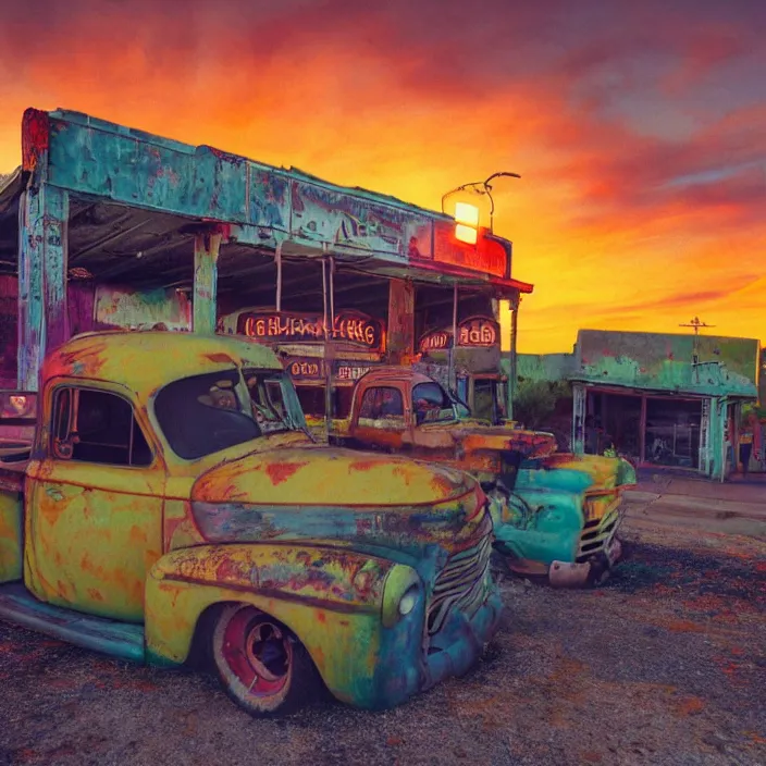 Image similar to a sunset light landscape with historical route 6 6, lots of sparkling details and sun ray ’ s, blinding backlight, smoke, volumetric lighting, colorful, octane, 3 5 mm, abandoned gas station, old rusty pickup - truck, beautiful epic colored reflections, very colorful heavenly, softlight