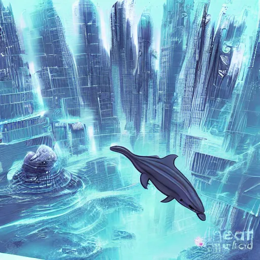 Image similar to an alien city of dolphins under the ocean, sci-fi digital art illustration,