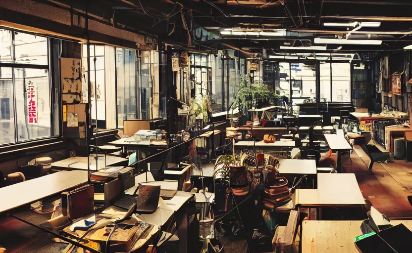 Image similar to Maximalist Japanese work space interior, multiple desks, cupboards, old brick walls, concrete, neon signs, plants, cyberpunk, large windows, Akihabara style