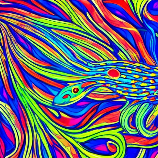 Image similar to psychedelic, photorealistic, colorful fish in a maximalist style on a background that fades to black