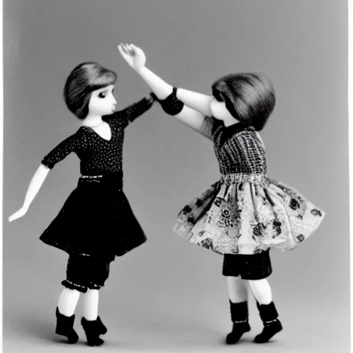 Image similar to A photograph of Else and Anna dancing as miniature dolls, movie still