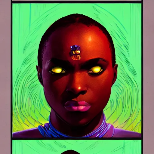 Image similar to Bright, colorful, realistic African-mythology rpg single individual headshot dramatic backlighting, kodachrome, high contrast, highly detailed, sharp focus, digital painting, concept art, illustration, trending on artstation, comic book by Alex Ross cover art