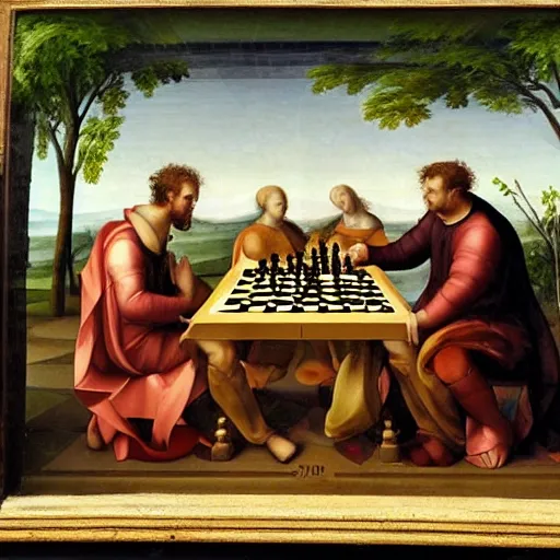 Image similar to a renaissance painting of two aliens playing chess