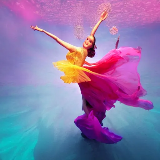 Prompt: woman dancing underwater wearing a flowing dress made of many layers of blue, magenta, and yellow translucent lace, elegant coral sea bottom, swirling silver fish, refracted light, crystals, cycles render, caustics lighting from above, cinematic