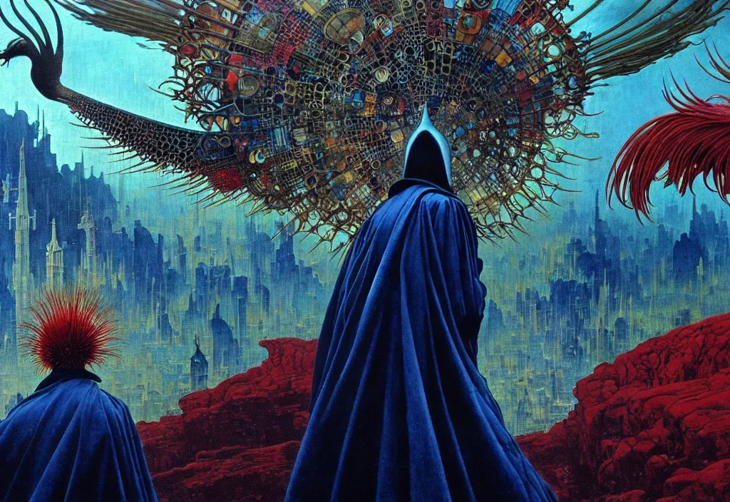 Image similar to realistic detailed portrait movie still of a birdman wearing dark robes, sci fi city landscape background by denis villeneuve, amano, yves tanguy, alphonse mucha, ernst haeckel, max ernst, roger dean, masterpiece, rich moody colours, blue eyes, snarling dog teeth