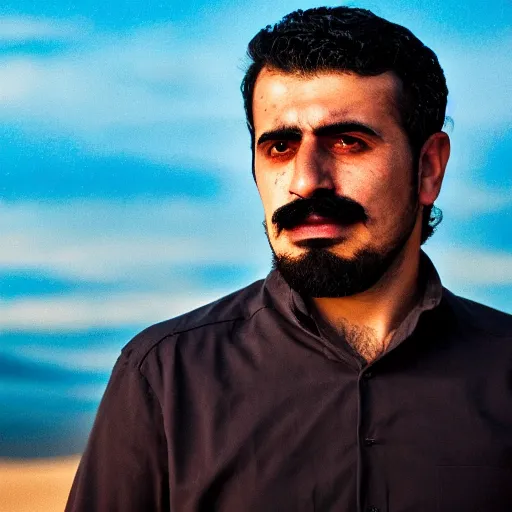 Prompt: real life photo of a Syrian man, short dark hair, goatee and moustache, blue watery eyes, full round face, short smile, serene desert setting, cinematic lightning, medium shot, mid-shot, highly detailed, photorealistic, 80mm, 85mm, cinematic wallpaper