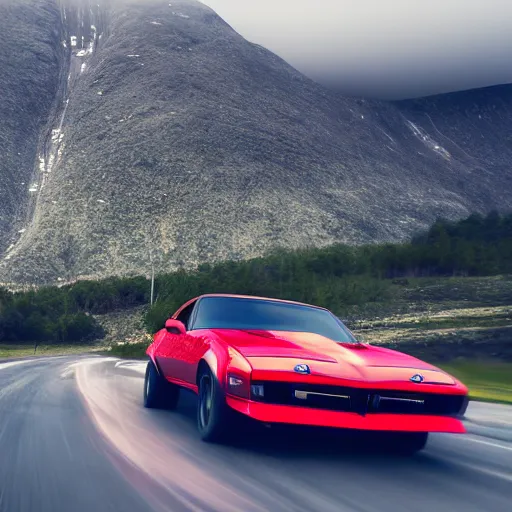 Image similar to black pontiac firebird trans - am driving towards the camera, huge spider creature in the background, norway mountains, valley, lake, dynamic, cinematic, motionblur, volumetric lighting, wide shot, low angle, red glow in sky, large lightning storm