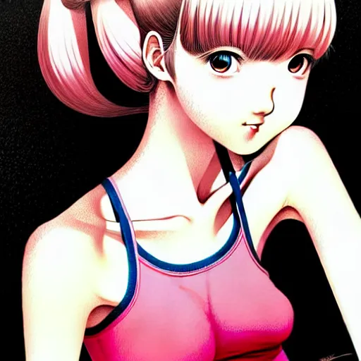 Image similar to richly detailed color  illustration of a dainty pretty young woman wearing a tank top, 'go-go' is the theme, very soft shadowing, smooth textures, large scale image. art by Range Murata.