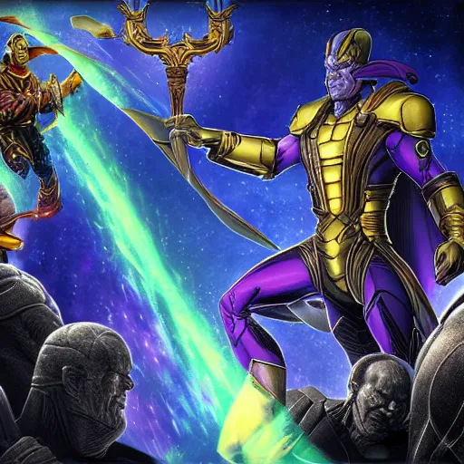 Image similar to gauntlet of thanos by don bluth, hyperdimensional sci - fi background, highly detailed, dynamic shadows render by keyshot