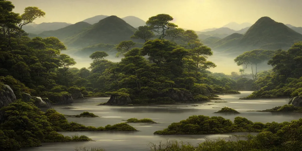 Image similar to an extremely detailed photorealistic matte landscape painting of a scenic Japanese nature reserve during a beautiful evening by John Frederick Kensett, studio Ghibli, trending on Artstation, natural lighting