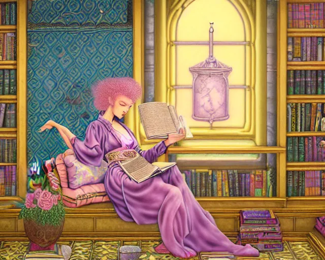 Image similar to a detailed fantasy pastel of a woman wizard in ornate clothing lounging on a purpur pillow on the marble floor in front of her bookcase in a room, reading an ancient tome. to the side is a potted plant, moody light. ancient retrofuturistic setting. 4 k key art. raytracing, perspective, by chie yoshii and casey weldon