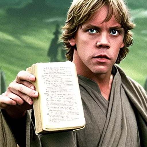 Prompt: Luke Skywalker holding a Bible