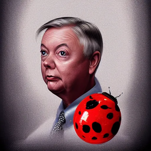 Image similar to one singular portrait of lindsey graham and a huge ladybug from nightmares. highly detailed, digital painting, cinematics, hyper realistic. dark retrowave. by stanley lau, villeneuve