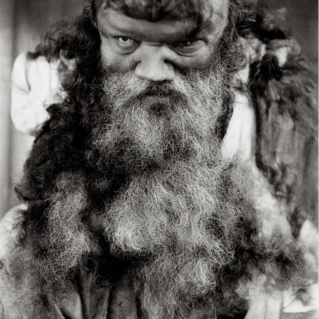 Prompt: An Alec Soth portrait photo of Orson Welles as Falstaff, he is wearing several horse-hair wigs, color photo