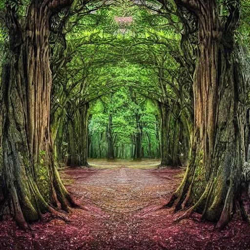 Image similar to A beautiful forest with doors leading into another dimension