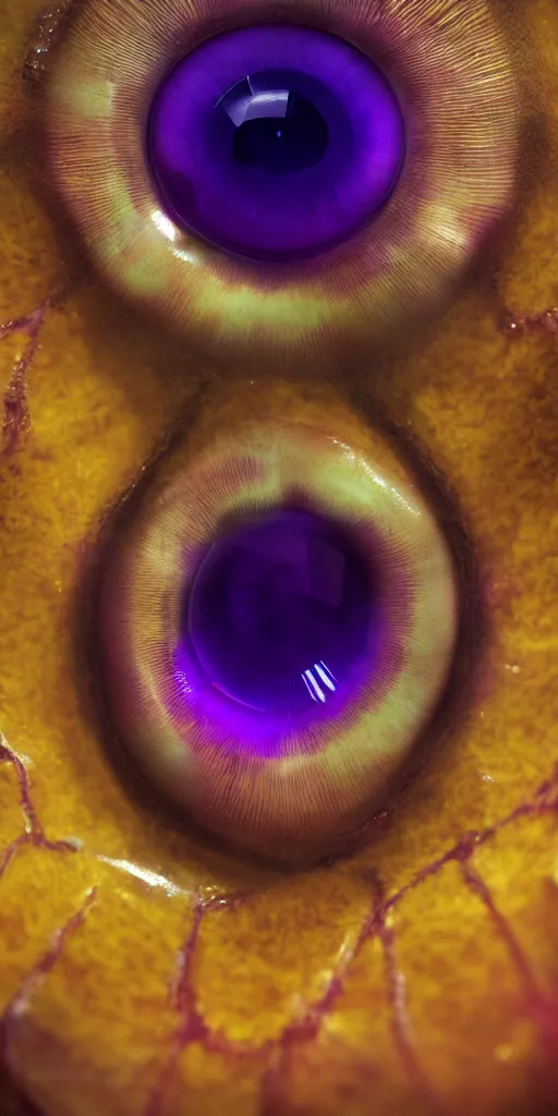 Image similar to macro shot, close-up of a purple squid eye, intricate iris, ultrarealistic, highly detailed, octane render, ray tracing