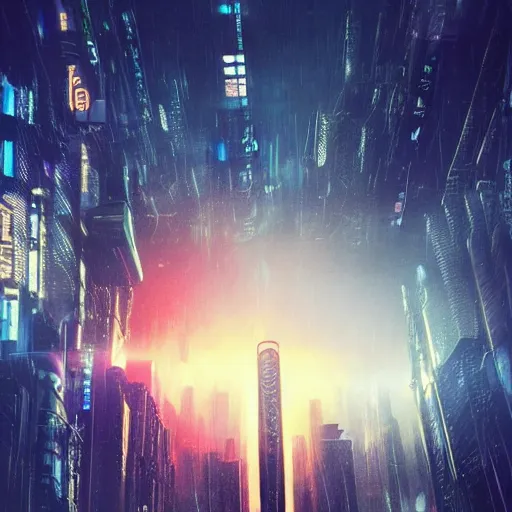 Image similar to « futuristic city, cyberpunk, blade runner, sunrise, morning, girl watching the sky, ground view to the top »