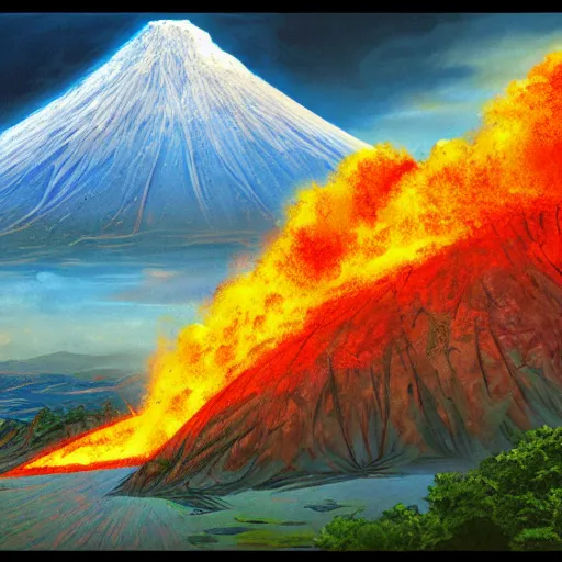 Image similar to volcano, concept art, illustrated, highly detailed, high quality, bright colors, optimistic,