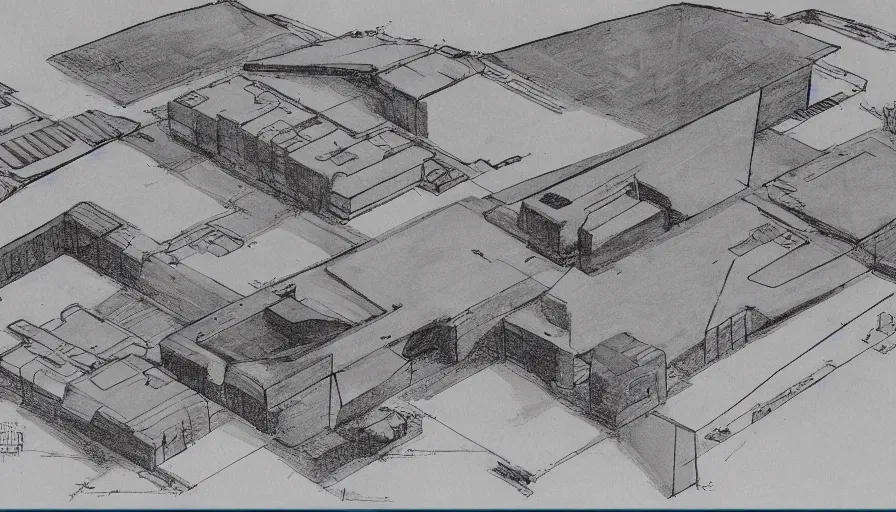 Image similar to big brutalist military base, drawing architecture, very long shot, top angle