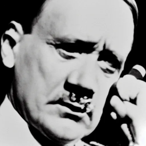 Prompt: hitler pointing a gun to his head while crying, close - up shot, low angle shot