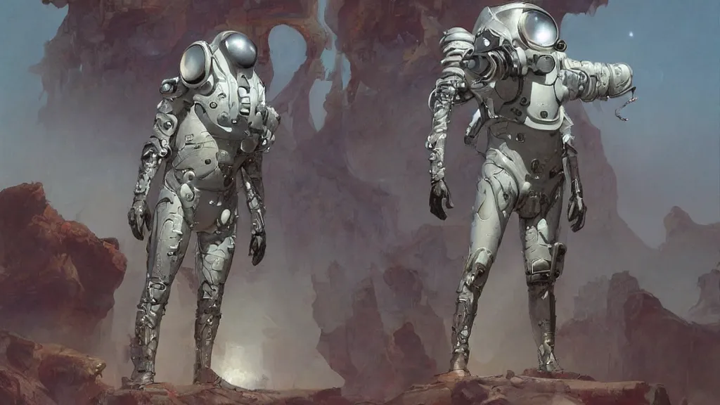 Image similar to futuristic organic spacesuit design by john schoenherr and glenn barr, epic cinematic matte painting