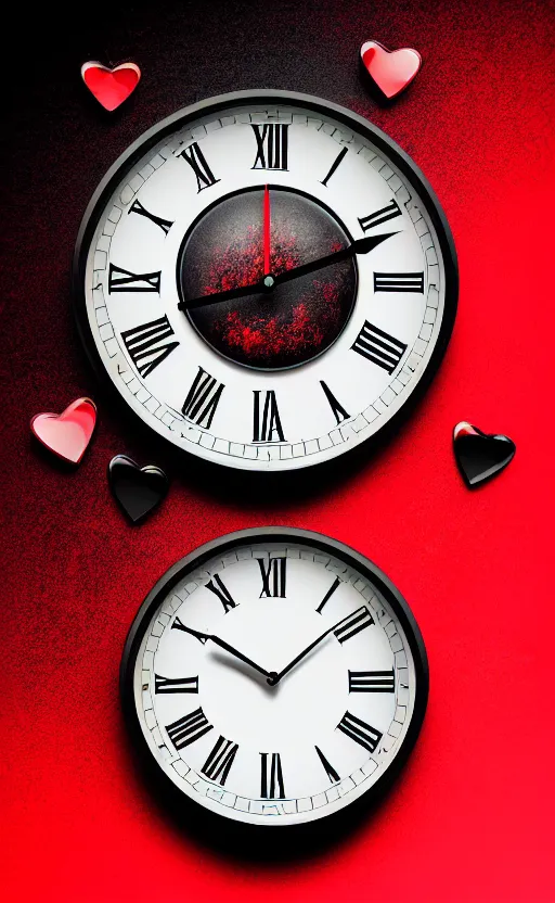 Image similar to a melting Roman numeral clock, behind a red and black gradient background, awith a black heart shaped on the top left corner and a black diamond card shape in the bottom right corner, dynamic lighting, photorealistic fantasy concept art, trending on art station, stunning visuals, cinematic, creative, ultra detailed