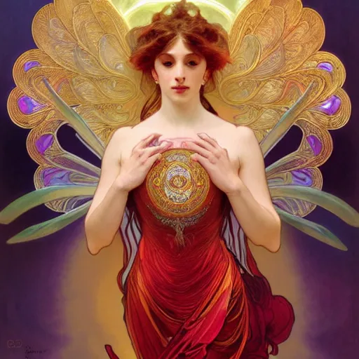 Image similar to a beautiful orchid phoenix angel woman, in an ornamented dress with large wings, volumetric light, god rays, 8 k high resolution, rubies, by alphonse mucha, artgerm, greg rutkowski