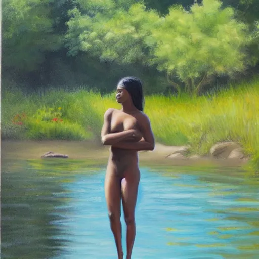 Prompt: a black nymph near to a lake on a sunny day, realistic painting