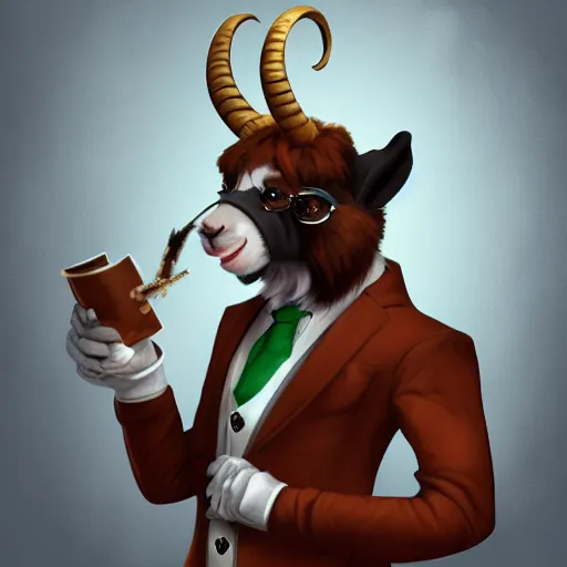 Image similar to award winning character art commission of an anthro furry humanoid goat smoking a cigar, three piece suit, character concept design, painting, detailed, vivid, trending on artstation