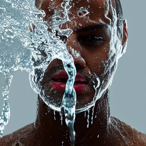 Image similar to water splashes forming a shape of a human head, water manipulation art, ray tracing, realistic water sharp focus, long shot, 8 k resolution, cinematic