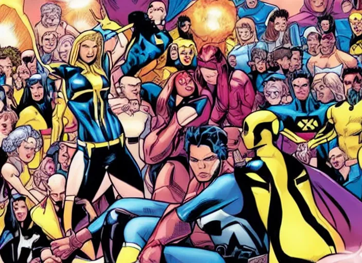 Prompt: a marvel comic illustration showing the X-Men after deciding to be more inclusive and rename themselves the x-them, finally promoting every member to embrace their deeply repressed Gay, lesbian, trans and non binary mutant personas