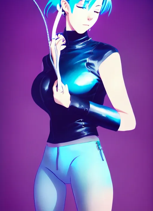 Image similar to hyper realistic photograph portrait of pretty girl with blue hair, wearing a full leather outfit, holding a whip, dramatic lighting by makoto shinkai, ilya kuvshinov, lois van baarle, rossdraws, basquiat