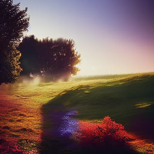 Image similar to landscape in france, lots of sparkling details and sun ray ’ s, blinding backlight, smoke, volumetric lighting, colorful, octane, 3 5 mm, epic colored reflections, very colorful heavenly, softlight