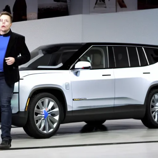 Prompt: Elon Musk waving out the driver's side window of a Rivian