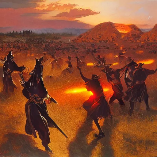 Image similar to the battle of the little bighorn. trending on artstation, 4 k, ( ( cyberpunk ) ), oil on canvas, artstation, dramatic warm color, dramatic lighting, masamune shirow syd mead.