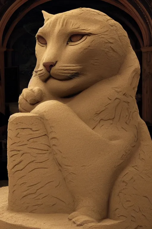 Image similar to a detailed sand sculpture of a godly cat, unreal engine 5, elegant, painted by gaston bussiere, hyper realism, artistic, dramatic lighting