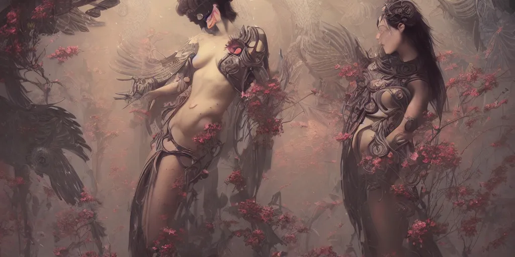 Image similar to breathtaking detailed hellbllade cyborg concept art painting art deco pattern of birds goddesses amalmation flowers, by hsiao ron cheng, tetsuya ichida, bizarre compositions, exquisite detail, extremely moody lighting, 8 k, art nouveau, old chines painting