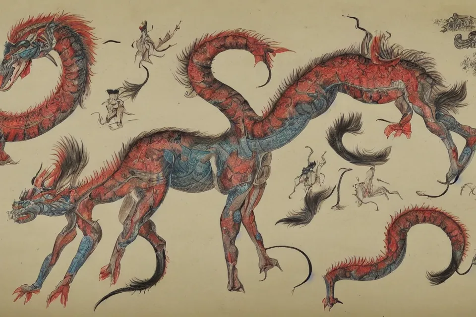 Image similar to Vintage, detailed, colored sketch of mythical creature anatomy, full body, with full descriptions, Chinese painting.