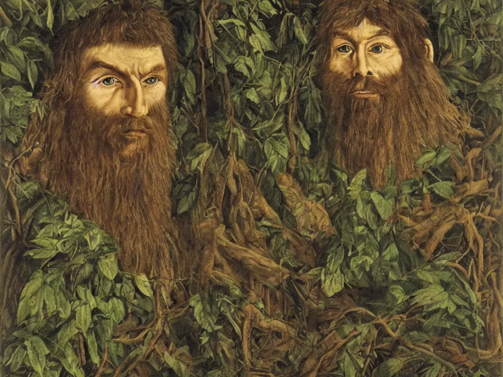 Image similar to Portrait of wild, primitive, cruel green-eyed, hairy, savage man in the dark forest. Painting by Hugo van der Goes