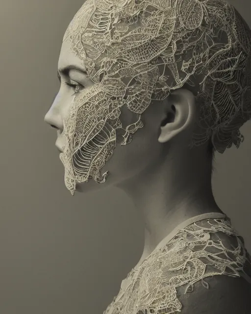 Prompt: a woman's face in profile, made of intricate decorative lace leaf skeleton, in the style of the dutch masters and gregory crewdson, dark and moody, depth of field