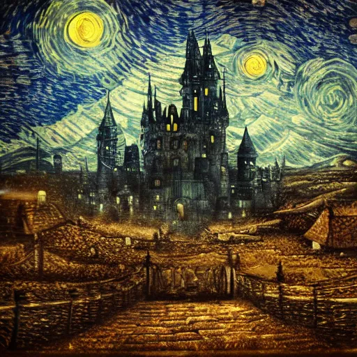 Image similar to a lovecraftian horror castle scene in starry night's style, cinematic, arstation, detailed, octane,