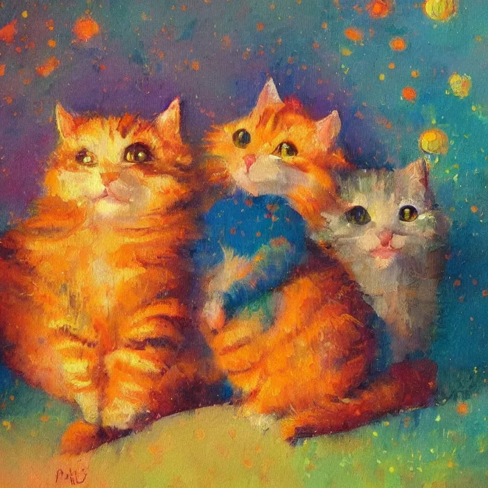 Prompt: colourful painting of two cute little kitties, art in paul lehr and charles camoin style, close shot, bright, evening, soft lighting, focus, masterpiece art