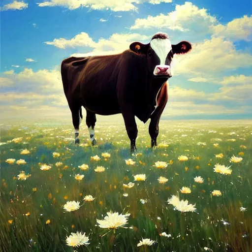 Image similar to Hyper realistic oil painting of a cow standing in the middle of a field of daisies, blue sky, high contrast, by greg rutkowski, trending on artstation