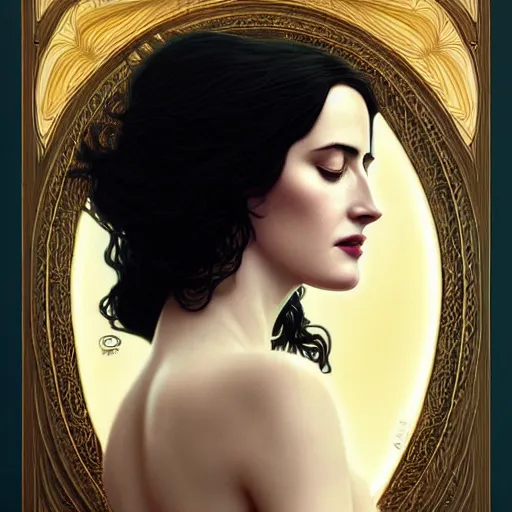 Prompt: beautiful detailed picture of eva green as yennefer, radiant light, art nouveau, intricate, elegant, highly detailed, symmetrical face, my rendition, digital painting, artstation, concept art, smooth, sharp focus, illustration, art by artgerm and greg rutkowski and alphonse mucha