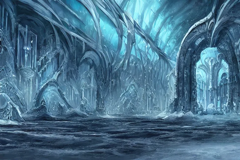 Prompt: “Alien ice palace architecture in frozen sea concept art painting by Das Eismeer”